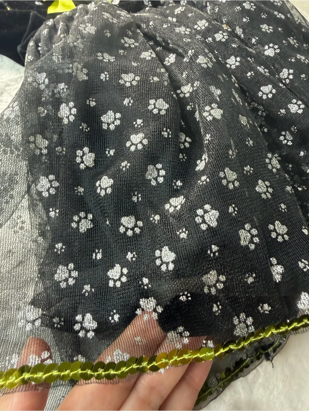 Black Cat Paw-Print Kids Halloween Costume Dress with Lime Bow Accent